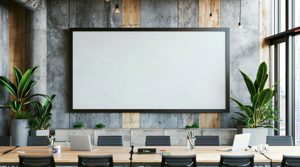 Brainstorming session with a large portrait blank TV screen in a corporate setting.