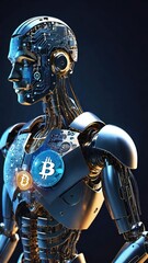 Artificial intelligence bitcoin robot, crypto currency, cyber security, financial futuristic digital tecnology concept image.