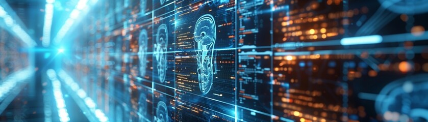 Multiple digital brain scans displayed on high-tech screens, illustrating advanced medical imaging technology and data analysis in neuroscience.