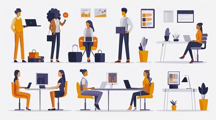 Obraz premium Business and marketing concept illustrations. Set of people vector illustrations in various activities of business, management, payment, market research and data analysis, communication