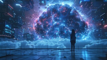 Obraz premium Futuristic Brain-like AI Over Digital City with Woman Silhouette in Neon Lights