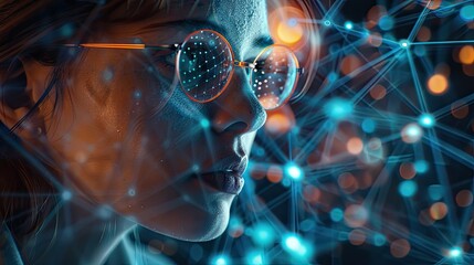 Woman in Glasses with Neural Network Visualization - Concept of Artificial Intelligence and Future Technology