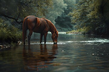 a horse is drinking in the river