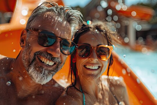 Happy Couple Enjoying Water Slide Fun Together on Sunny Summer Day - Powered by Adobe