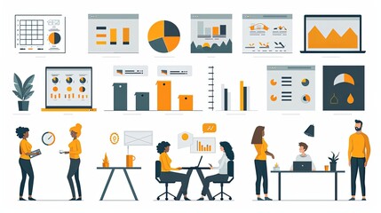Business and marketing concept illustrations. Set of people vector illustrations in various activities of business, management, payment, market research and data analysis, communication