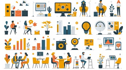 Business and marketing concept illustrations. Set of people vector illustrations in various activities of business, management, payment, market research and data analysis, communication