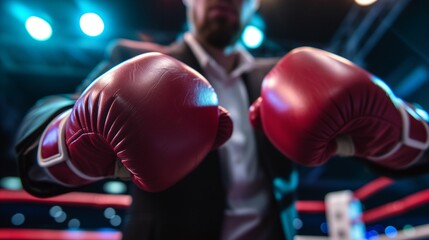 businessman in suit wearing red boxing gloves on ring ready for fight. Business person self defense concept. Competitive business in office workplace competition financial problem and challenge