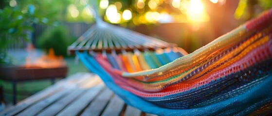 Colorful hammock in a serene backyard setting, illuminated by warm sunset light, perfect for relaxation and outdoor leisure.