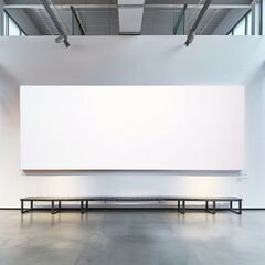 Panoramic blank poster in a bright gallery with an expansive white wall, clear and striking.