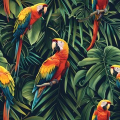 Vibrant Scarlet Macaws Perched Among Lush Jungle Foliage