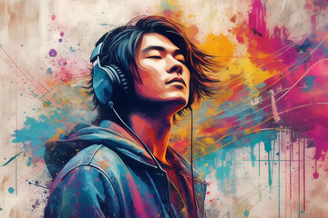 A vibrant graffiti mural: a young man, headphones on, lost in music dreams.