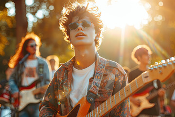 Young Musician Playing Electric Guitar Outdoors at Sunset with Bandmates