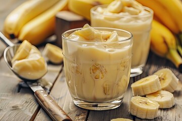 A freshly made banana shake, or smoothie, in glasses on a wooden table. Bananas, a knife, a cutting board, and an ice cream scoop are in the background. Banana shakes are popular in many countries and