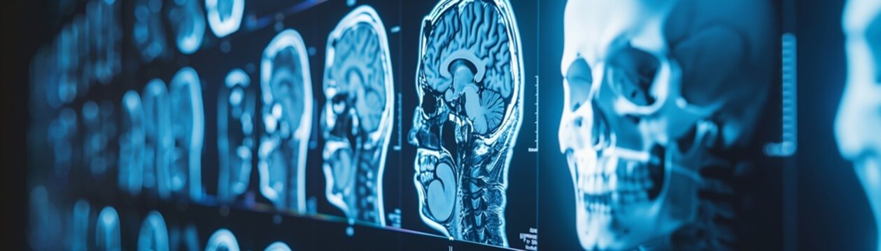 Various digital scans of brain and skull anatomy displayed on screens, showcasing advanced medical imaging technology and diagnostic tools.