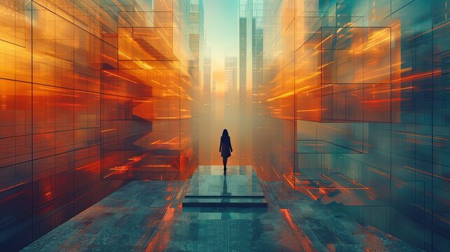 Business people working together for global company. Abstract environment with stairs and multiple floor levels showing departments and branches. 3D rendering illustration