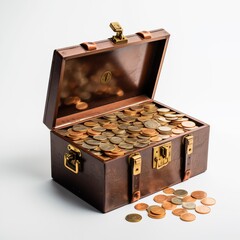 Wooden chest Open treasure containing gold coins on white background financial problem and challenge concept.