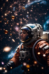 Astronaut in the space wearing Extravehicular Mobility Unit, or EMU, looking in to the space, world world astronaut day, world space day 