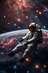 Fototapeta premium Astronaut in the space wearing Extravehicular Mobility Unit, or EMU, looking in to the space, world world astronaut day, world space day