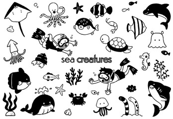 かわいい海の生き物の手描きイラストセット