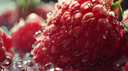 A close-up shot of a ripe raspberry surrounded by tiny droplets of water, adding a touch of freshness and vitality to the image