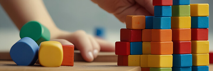 Hands of a Preschool Child Playing with Colorful Educational Toy Blocks