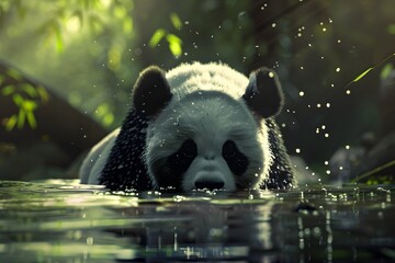 a panda is drinking in the river