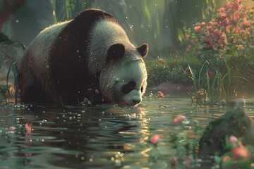 a panda is drinking in the river