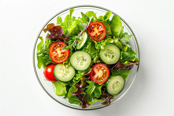 A bowl of fresh mixed greens with sliced cherry tomatoes and cucumbers, A healthy and vibrant salad, on white background.