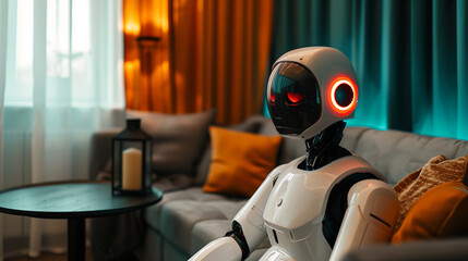 A cyborg AI robot sits on a sofa in a modern, minimalist living room. The theme of the evolution of artificial intelligence.