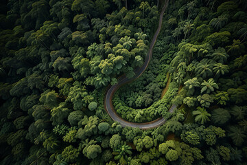 Fototapeta premium Aerial view of winding road through lush green rainforest in rainy season. 