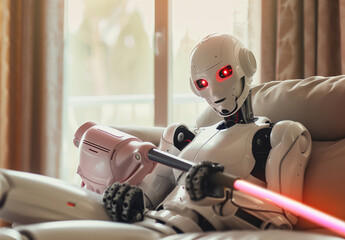 A humanoid ai robot vacuuming a living room. The theme of the evolution of artificial intelligence.