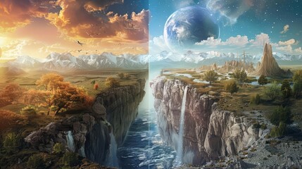 A split scene showing two parallel universes with contrasting landscapes,