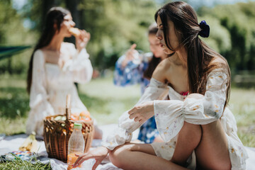 A bright summer day captured as a group of young, diverse women enjoy a picnic in the park, sharing...