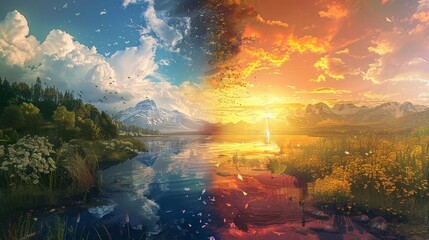 A split scene showing two parallel universes with contrasting landscapes,