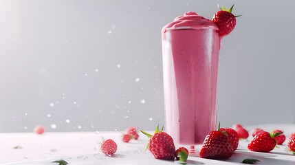 A dynamic perspective capturing the tantalizing appeal of a strawberry smoothie, contrasting against a seamless white setting