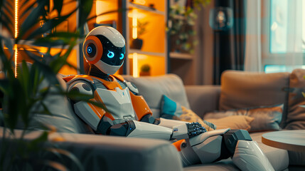 A cyborg AI robot sits on a sofa in a modern, minimalist living room. The theme of the evolution of artificial intelligence.