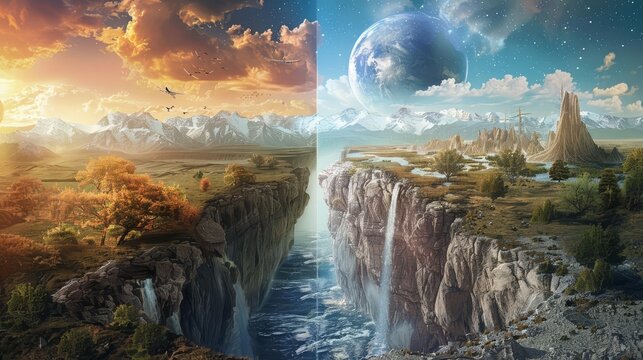 A split scene showing two parallel universes with contrasting landscapes,