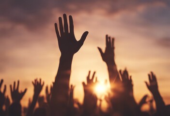 group people hands rising background at sunset light 