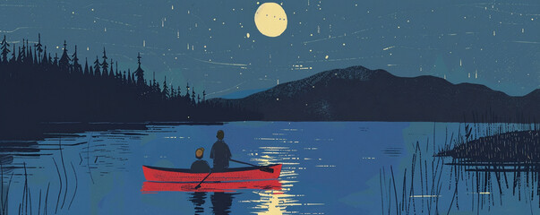 Cute father and and child son daughter fishing in a red boat on a lake at night under the moon father's day friends friendship brothers siblings family love illustration