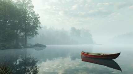 Misty Lake Landscape with Boat and Mountains.