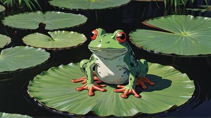 Serene Amphibian Perched on Emerald Lily Pad