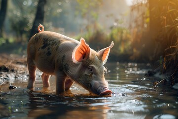 a pig was drinking in the river