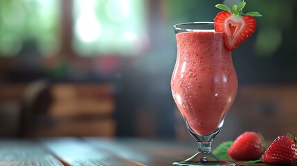 A glass filled with a freshly blended strawberry smoothie, adorned with a sliced strawberry on the rim