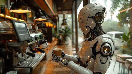 An AI robot cyborg making coffee with a coffee machine. The theme of the evolution of artificial intelligence.