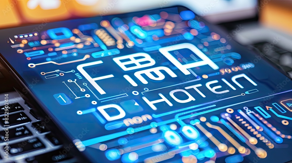Poster close-up of a digital pad displaying futuristic cyber code on a screen with vibrant colors, highligh