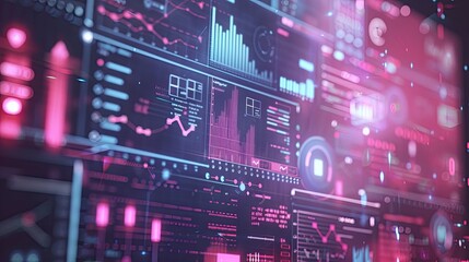 Obraz premium Futuristic digital data visualization with graphs, charts, and analytics on a virtual screen in vibrant colors.