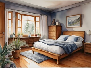 Fototapeta premium Cozy Bedroom Watercolor Illustration Art
