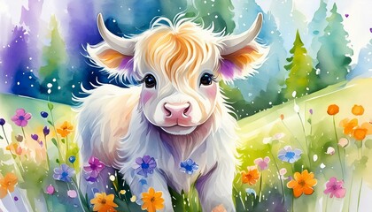 Naklejka premium cute baby highland cow watercolor illustration