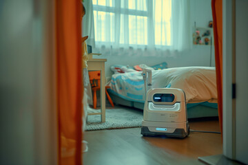 A humanoid ai robot vacuuming a living room. The theme of the evolution of artificial intelligence.