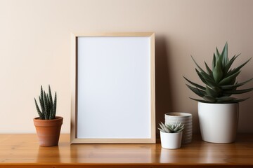 A empty picture frame mockup on wooden desk